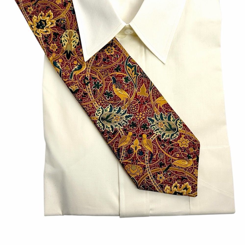 LIBERTY Silk Tie Paisley Floral Bird Print Maroon Gold Green Made In England Vtg